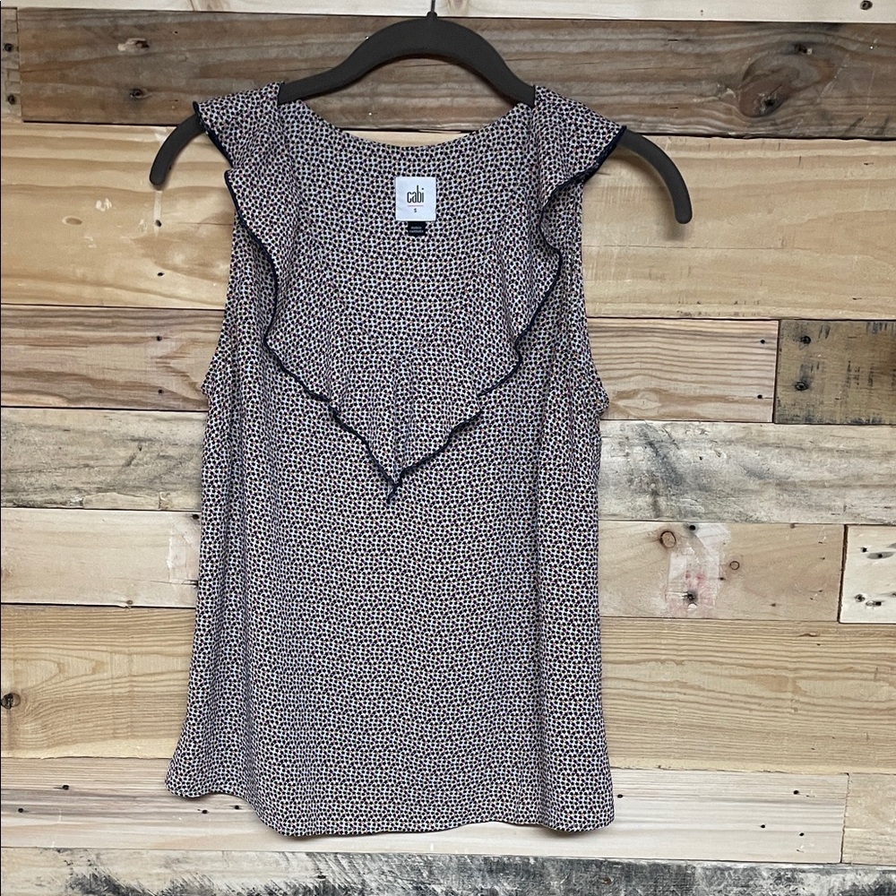 CAbi size S Sleeveless Ruffle Blouse - Navy Stars with White Background